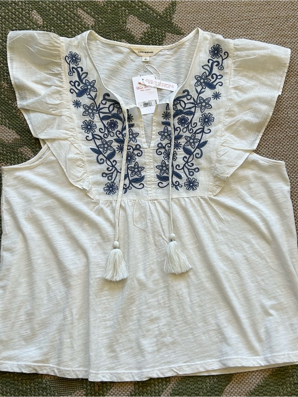 Lucky Brand White Sleeveless Blouse w/Navy Floral Embroidery and Tassels NWT L